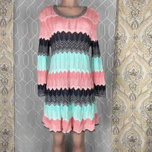 heather Po crochet knit dress long sleeves Blue & orange XL